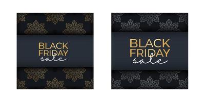 Dark blue black friday sale advertisement template with vintage gold pattern vector