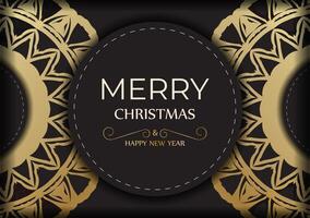 Template Greeting card Happy New Year and Merry Christmas in black color with gold ornament. vector