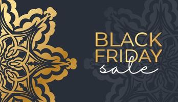 Black Friday advertisement template in dark blue color with vintage gold pattern vector