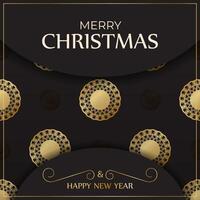 Greeting card Merry Christmas and Happy New Year in black color with gold ornaments. vector