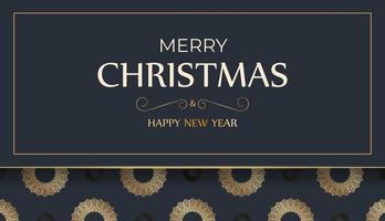 Merry Christmas and Happy New Year greeting card template in dark blue color with winter gold ornament vector