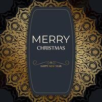 Merry Christmas and Happy New Year greeting card template in dark blue color with luxury gold ornaments vector