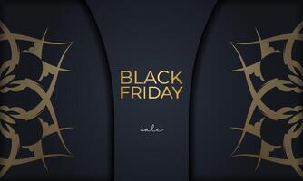 Black Friday poster template in dark blue color with abstract gold pattern vector