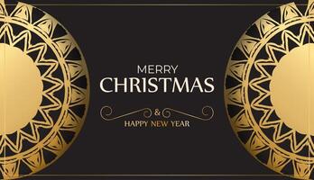 Flyer Merry Christmas and Happy New Year in black color with gold ornaments. vector