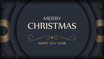 Merry Christmas and Happy New Year greeting card template in dark blue color with abstract gold pattern vector