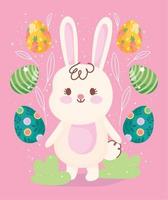 happy easter cute rabbit with eggs around floral decoration vector