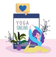 online yoga, young woman doing yoga website app vector