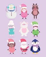 feliz navidad decoración celebración dibujos animados personaje santa ayudante muñeco nieve oso pingüino vector