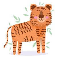 lindo tigre animal safari dibujos animados con hojas vector