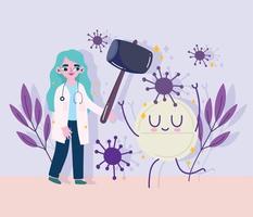 covid 19 virus and woman doctor with hammer and pill cartoon vector design