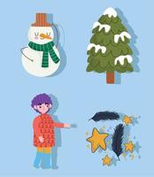 winter, boy warm clothes, snowman tree snow icons set cartoon vector