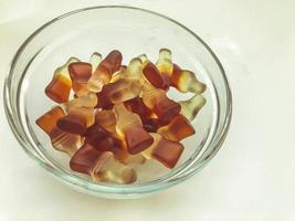 gummy candies in the form of lemonade bottles are in a round transparent bowl. the dessert is folded in a round deep plate. gelatinous high-calorie dessert. treats for children and adults photo