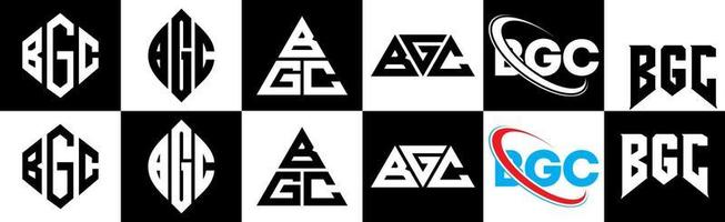 diseño de logotipo de letra bgc en seis estilos. polígono bgc, círculo, triángulo, hexágono, estilo plano y simple con logotipo de letra de variación de color blanco y negro en una mesa de trabajo. logotipo bgc minimalista y clásico vector