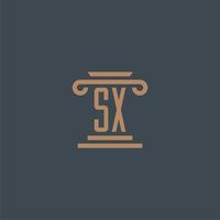 monograma inicial sx para logotipo de bufete de abogados con diseño de pilar vector