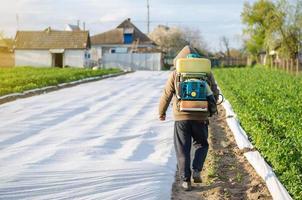 un granjero con un rociador de niebla en la espalda camina por el campo agrícola. el uso de productos químicos para la protección de cultivos en la agricultura. protección de plantas cultivadas contra insectos e infecciones fúngicas. foto