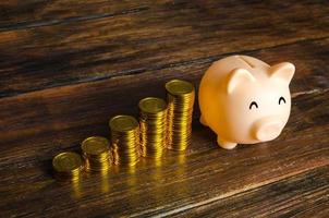 Increasing stacks of coins and a piggy bank. Increase savings, placing deposits in a bank. Loyalty program, accumulative system. Crowdfunding startups investing. Profit income. Retirement and pension photo