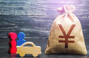 figuras de pareja y bolsa de dinero de yuan chino o yen japonés. nivel de ingresos y riqueza. politica de transporte presupuesto. investigación social, preferencias del consumidor. mercadeo y focalización. inversiones. foto