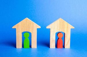 Two wooden houses with neighbors inside. Good neighborhood, district. concept of relationships and communication between neighbors. Vigilance, mutual aid and cooperation, friendly atmosphere. Security photo