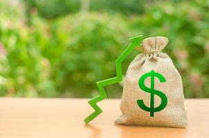 Money bag with dollar symbol and green up arrow. Increase profits and wealth. growth of wages. Favorable conditions for business. Investment attraction. loans and subsidies. favorable conditions photo