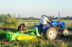 óblast de kherson, ucrania 14 de septiembre de 2020 trabajadores agrícolas en un tractor desentierran papas. ganadería y agricultura. cosecha de papas en la plantación, clasificación y empaque en bolsas de malla. foto