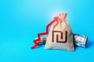 Israeli shekel money bag and red up arrow. Economic growth, GDP. Increase income and business efficiency. Inflation acceleration. Investments. Rise in profits, budget fees. Increase in deposit rate. photo