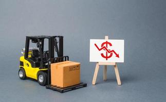 Forklift truck carries a cardboard box near a stand with a red dollar arrow down. decline in the production of goods and products, economic downturn and recession. Falling consumer demand. photo