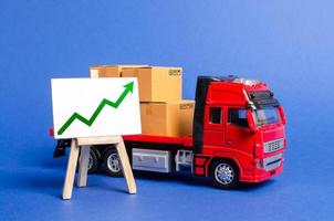 Red truck loaded with boxes and stand with a green up arrow. Raise economic indicators and sales. Exports, imports. High trade volumes, growth production, storage infrastructure Transit and delivery photo