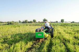 óblast de kherson, ucrania 14 de septiembre de 2020 trabajadores agrícolas en un tractor desentierran papas. ganadería y agricultura. cosecha de papas en la plantación, clasificación y empaque en bolsas de malla. foto