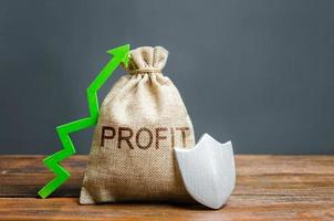 Bag with the inscription Profit, green up arrow and silver shield. concept of growth and protection of investments and income, guarantee of deposits. Reducing risks, favorable conditions for business. photo