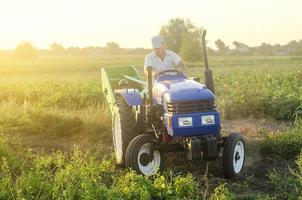 A farmer on a tractor drives across the farm field. Potato harvest campaign. Farming, agriculture. Harvesting potatoes in autumn. Countryside farmland. The use of mechanical engineering in agriculture photo