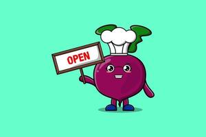 Cute cartoon Beetroot holding open sign board vector