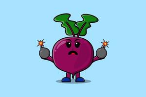 Cute cartoon Beetroot holding bomb with scared vector