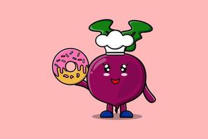 Cute cartoon Beetroot chef character donuts vector