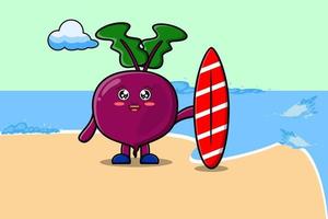 Cute cartoon Beetroot character playing surfing vector