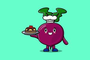 Cute Cartoon chef Beetroot serving cake on tray vector