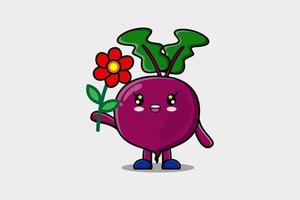 Cute cartoon Beetroot character holding red flower vector