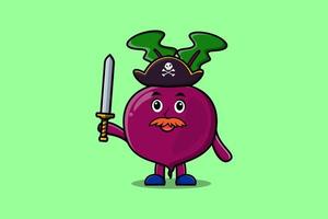 Cute cartoon mascot Beetroot pirate holding sword vector