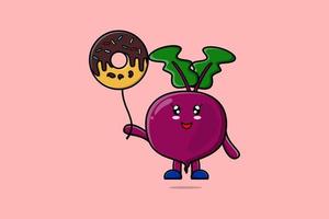 Cute cartoon Beetroot floating with donuts balloon vector