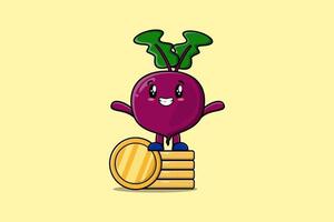 Cute cartoon Beetroot stand in stacked gold coin vector