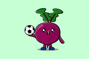 Cute cartoon Beetroot character playing football vector