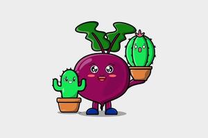 remolacha de dibujos animados lindo sostener planta de remolacha en maceta vector