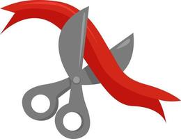 Red ribbon and scissors, illustration, vector on white background.