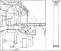 edificio con columnas y una columna del orden compuesto, hendrick hondius, ilustración vintage. vector