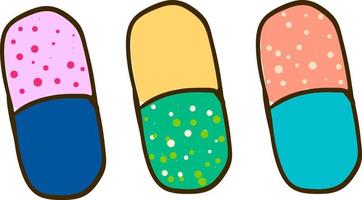 Three colorful pills, illustration, vector on white background.