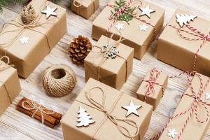 Flat lay of object for merry Christmas and Happy new year concept. Mix gifts box and accessories decorations and ornament for christmas season photo
