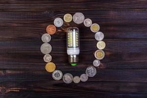 light bulb on over pile of coins - money, finance, savings concept and idea photo