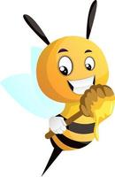 Bee holding honey dipper, illustration, vector on white background.