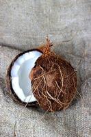 coconut cut into pieces on burlap photo