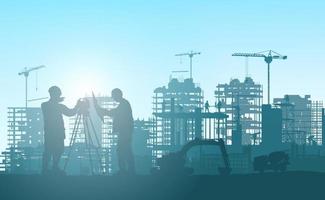 Silhouette building construction site with a tower crane and engineer and workers.Vector illustration vector