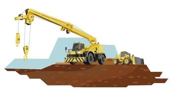 Crane truck and grader with ground bacground.Set of tracked building machinery. Vector illustration of heavy industrial equipment.